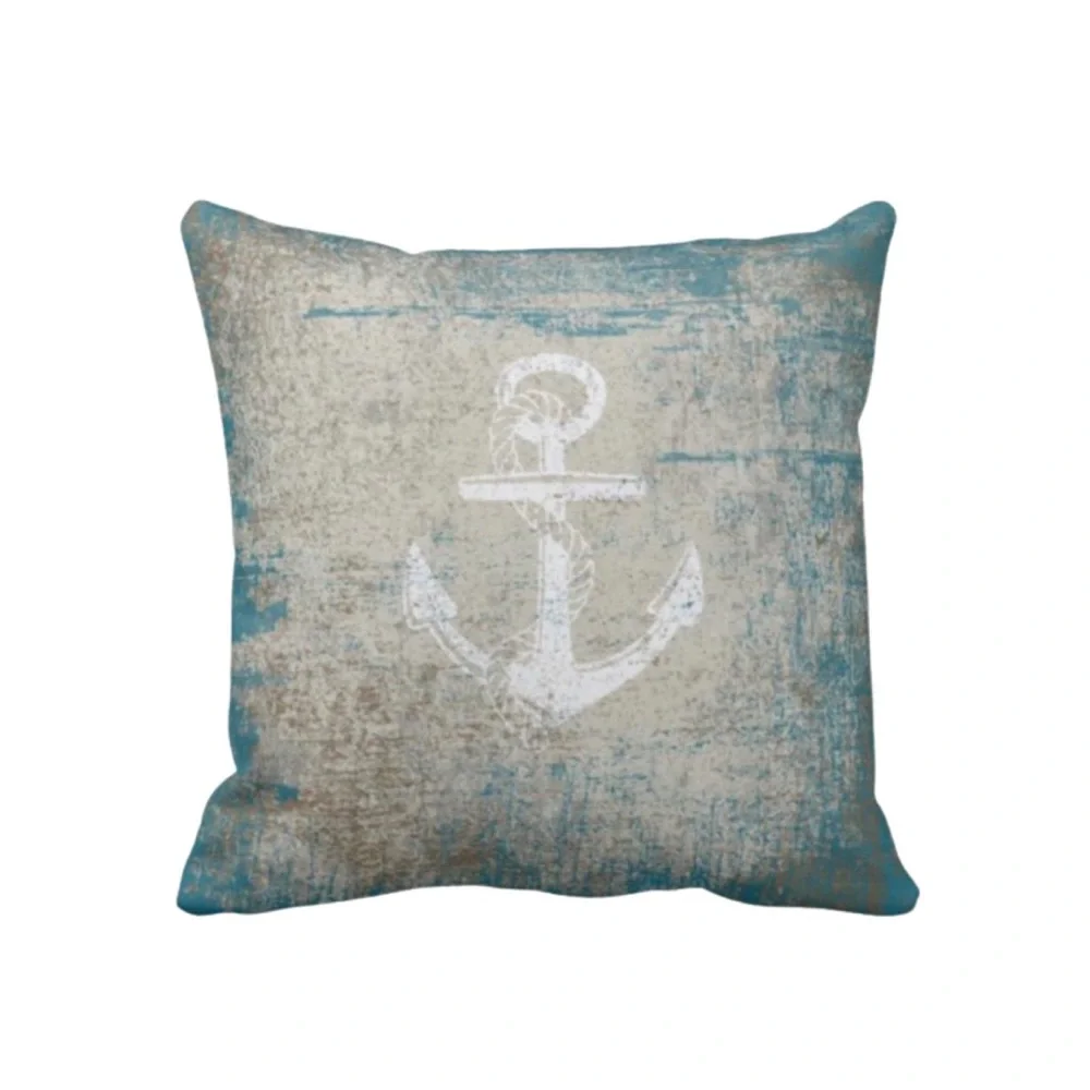 Luxury Home | Nautical Coastal Teal & Beige Gradient Anchor Throw Pillow Cover